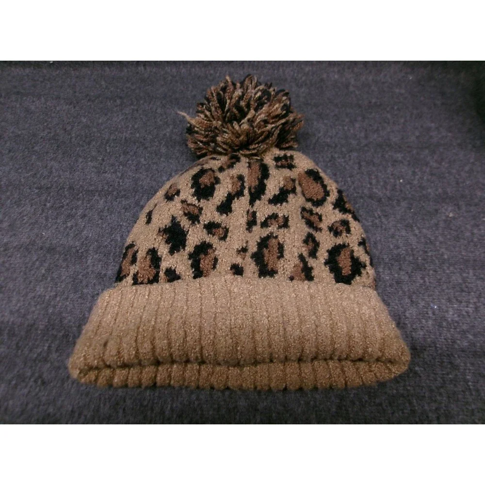 CC Beanie Womens Leopard Print Pom Pom Knit Hat Tan Brown Polyester Cozy Winter